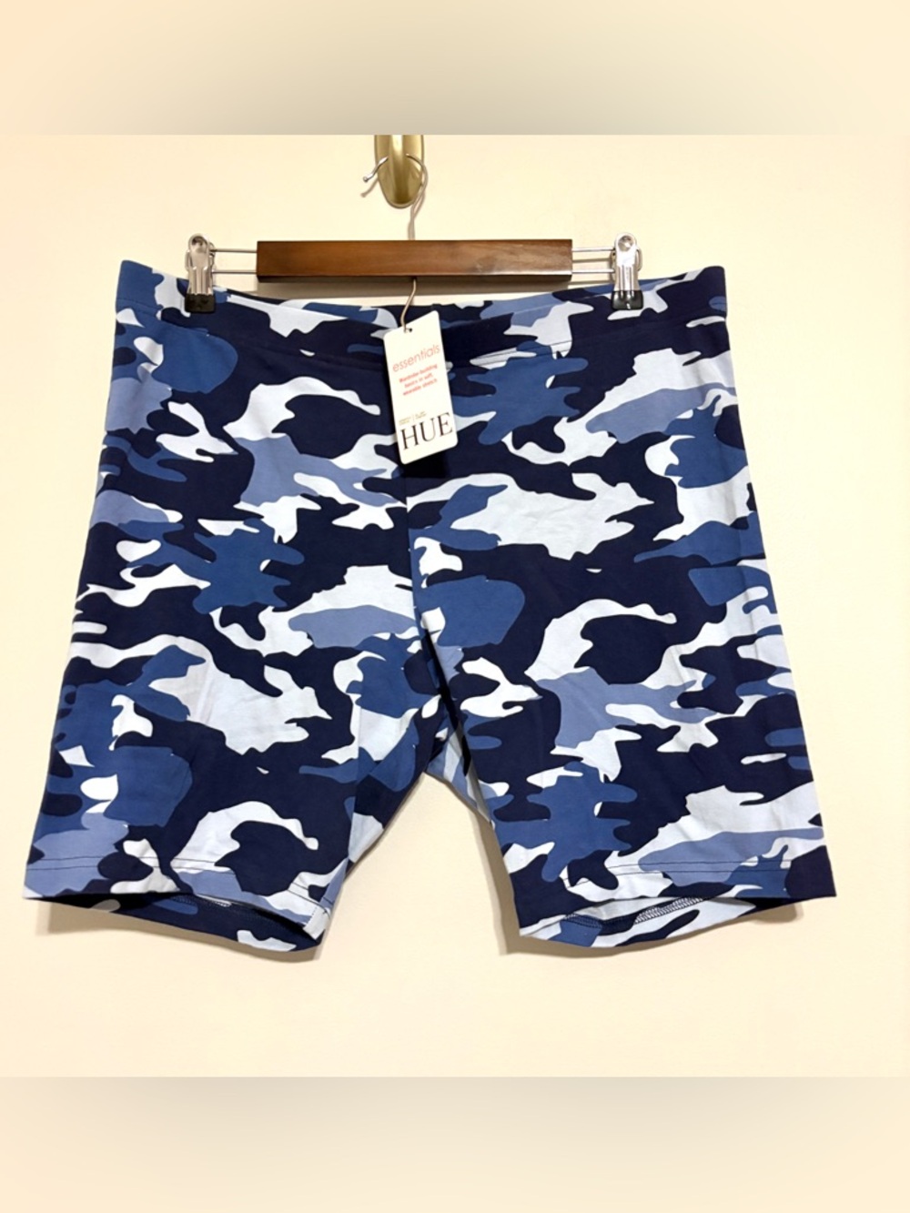 Hue Essentials Blue Camo Print High Rise Bike Shorts NEW Size X-Large NWT